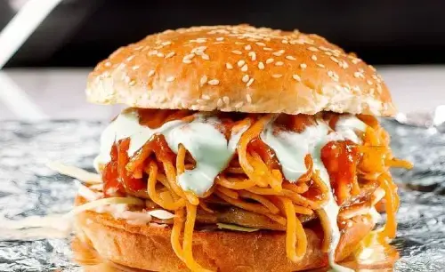 Delicious Vegetarian Noodles Burger at Chache Da Dhaba in Edmonton, AB